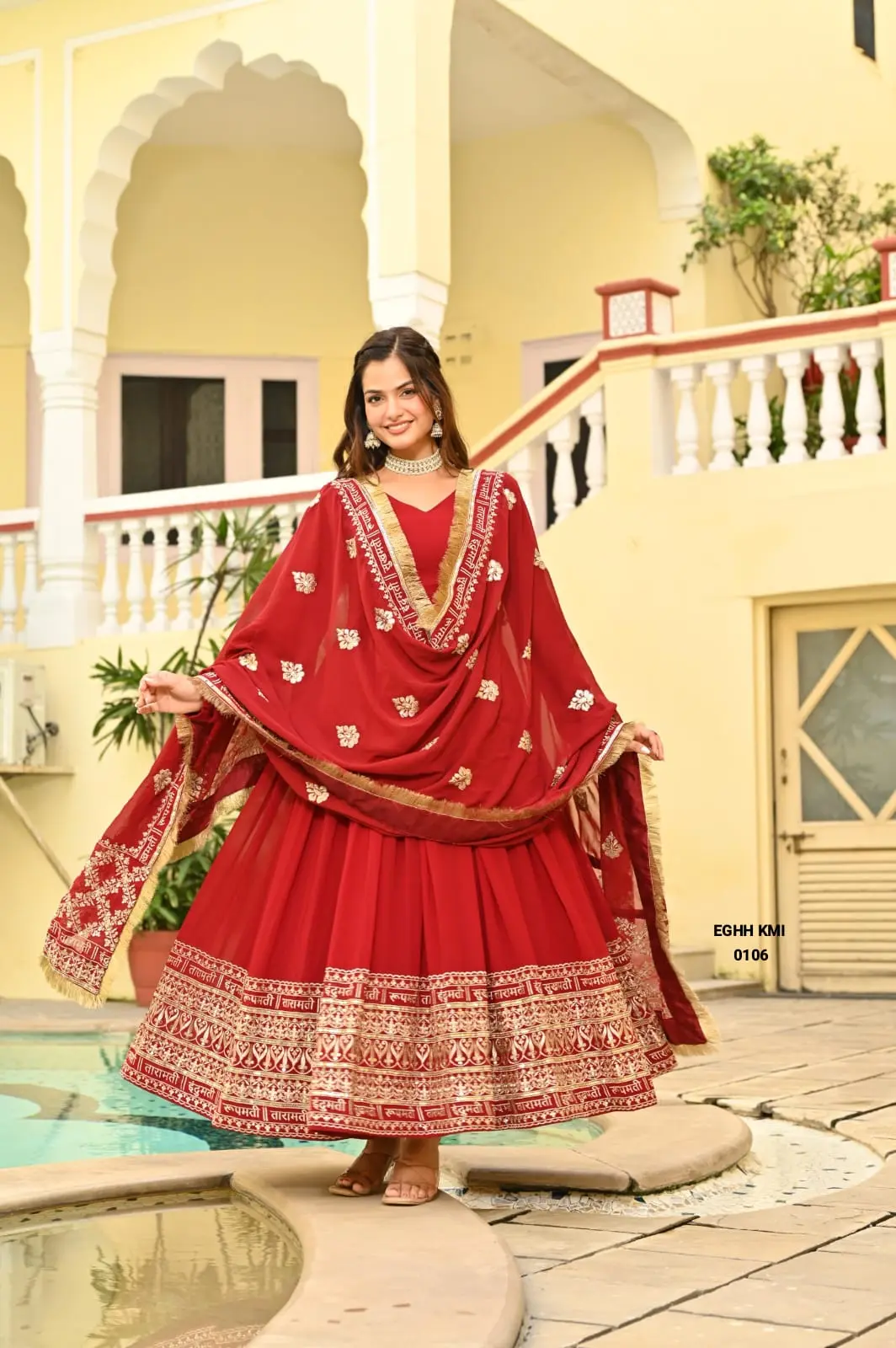 Premium Embroidered Flared Anarkali Suit Set with Dupatta – Red & Gold